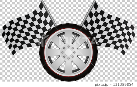 Racing imagery displaying a tire and wheel surrounded by a pair of checkered racing flags. 131389854