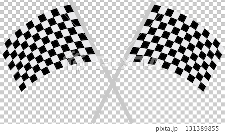 Two crossed black and white checkered flags represent the finish line of a racing competition. 131389855