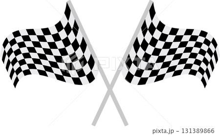 Two checkered flags intersect against a black background, symbolizing racing or competition. Two checkered flags intersect against a black background, symbolizing racing or competition. 131389866