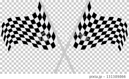 Two checkered flags intersect against a black background, symbolizing racing or competition. Two checkered flags intersect against a black background, symbolizing racing or competition. 131389866