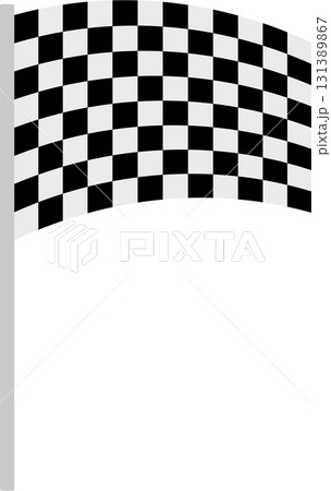 Waving checkered flag on pole, a symbol of victory and the end of a race on a black backdrop. 131389867