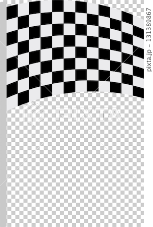 Waving checkered flag on pole, a symbol of victory and the end of a race on a black backdrop. 131389867