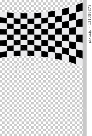 Checkered flag waving on a gray pole against a black background, symbolizing victory. 131389875