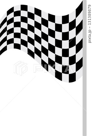 A checkered flag with a black background and white squares, waving on a light gray pole. 131389879
