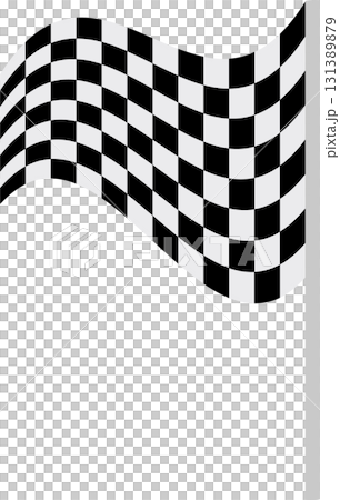 A checkered flag with a black background and white squares, waving on a light gray pole. 131389879