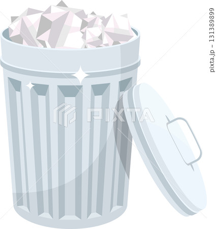 A shiny, light blue trash can is overflowing with crumpled white paper; lid is leaning open A shiny, light blue trash can is overflowing with crumpled white paper; lid is leaning open 131389899