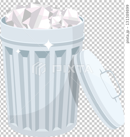 A shiny, light blue trash can is overflowing with crumpled white paper; lid is leaning open 131389899