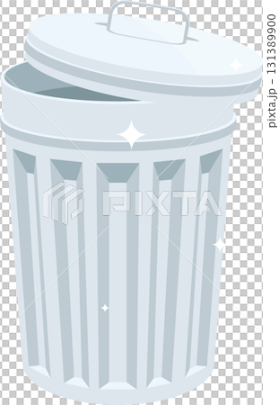 A light blue garbage can, with a removable lid that is slightly open, set against a black background. 131389900