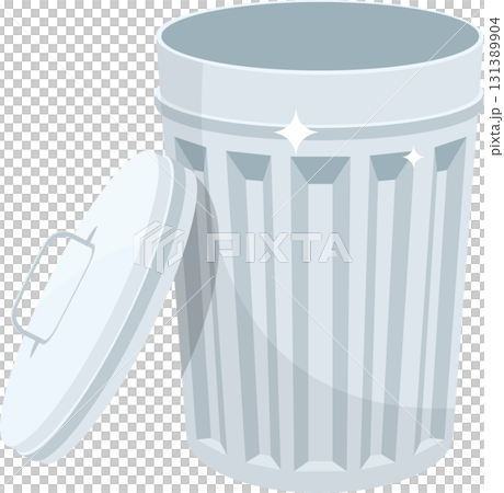 A shiny, silver-colored trash can stands with its lid ajar, seemingly unused and clean. 131389904