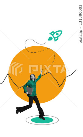 Trendy artwork. Excited businesswoman running with rocket startup symbol and growth chart Trendy artwork. Excited businesswoman running with rocket startup symbol and growth chart 131390003