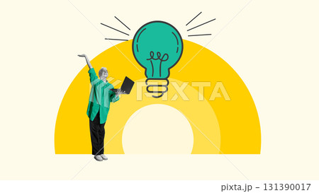 Graphic artwork. Excited woman with laptop under glowing lightbulb on yellow arc background. Graphic artwork. Excited woman with laptop under glowing lightbulb on yellow arc background. 131390017