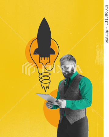 Bold poster. Businessman with beard holding clipboard near rocket shaped lightbulb on yellow background Bold poster. Businessman with beard holding clipboard near rocket shaped lightbulb on yellow background 131390018