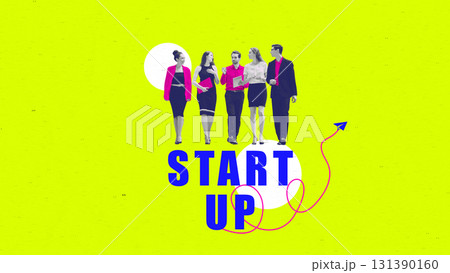 Graphic artwork. Group of entrepreneurs walking with startup typography and optimistic emotion Graphic artwork. Group of entrepreneurs walking with startup typography and optimistic emotion 131390160