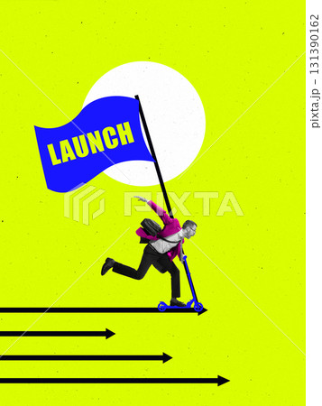 Vibrant artwork. Entrepreneur on scooter with launch flag racing forward with energetic emotion Vibrant artwork. Entrepreneur on scooter with launch flag racing forward with energetic emotion 131390162