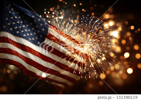 American flag flies brightly with sparkling fireworks 131390219