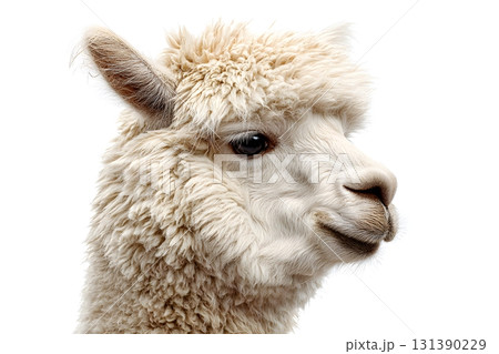 An alpaca looks forward on a white background showing its fluffy face. 131390229