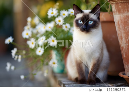 Cute cat sits calmly near white flowers in a garden. 131390271