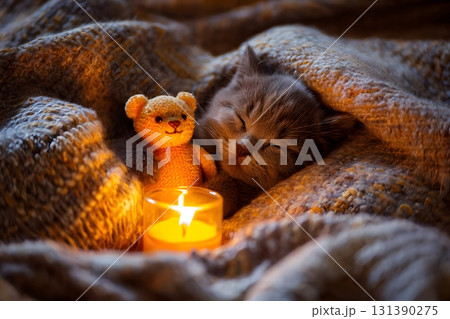 Cute cat sleeps peacefully under a blanket with a teddy bear and candle. 131390275