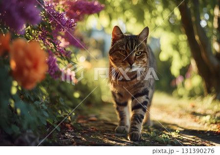 A cute cat walks down a sunny garden path among flowers. 131390276