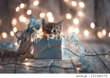 Cute kitten peeks from a gift box surrounded by bright lights. 131390279