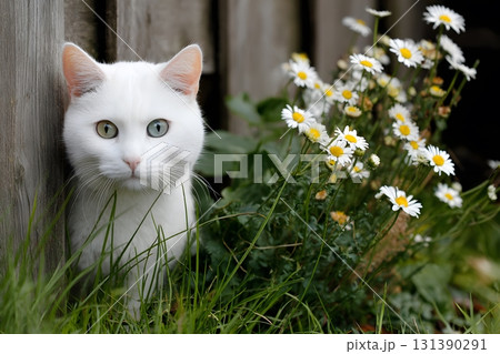 A cute cat with colorful eyes sits in green grass near white flowers. 131390291