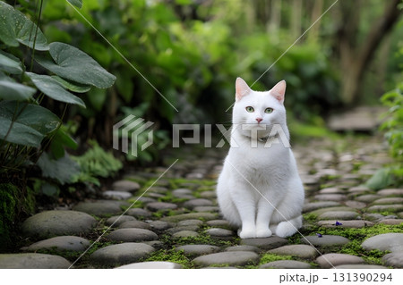 A white cat sits patiently on a stone path surrounded by lush green plants. 131390294