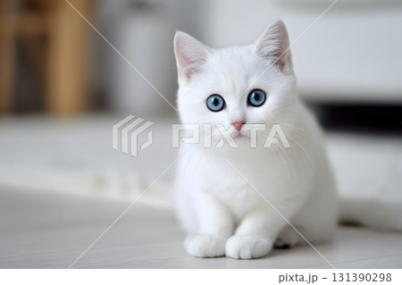 A cute cat sits looking with its bright blue eyes. 131390298