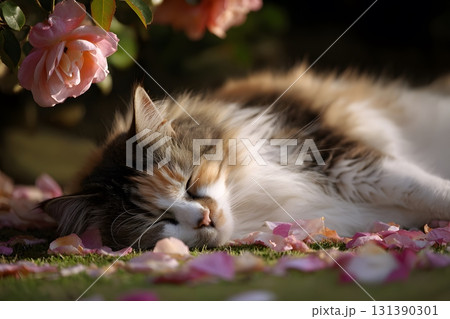 A cute cat rests peacefully among fallen flower petals. 131390301