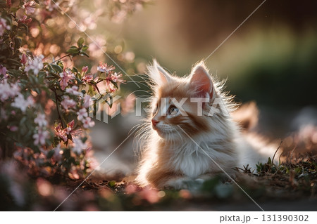 A cute cat rests near blooming flowers in soft golden light. 131390302