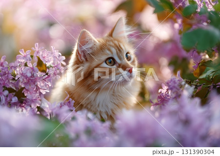 This cute cat looks among pink flowers with bright eyes. 131390304