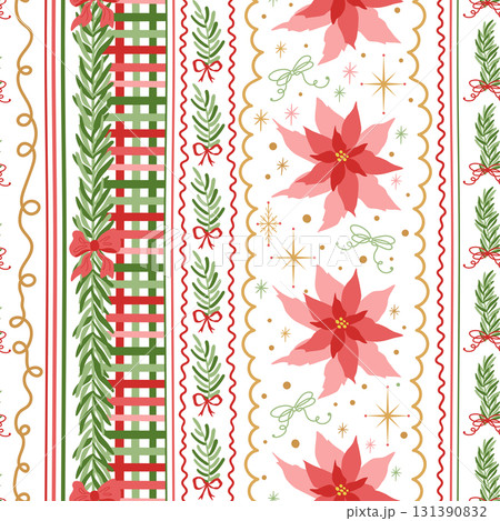 Christmas striped seamless pattern hand-drawn from plaid, bows, flowers, stars, fir tree branches in vector. Christmas striped seamless pattern hand-drawn from plaid, bows, flowers, stars, fir tree branches in vector. 131390832