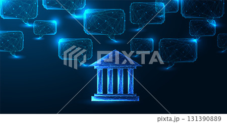 Digital democracy, e-government communication concept. Glowing polygonal courthouse and chat icons 131390889