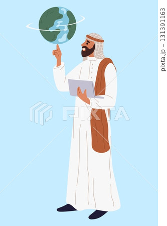 Arab male businessman in traditional muslim dress spins planet Earth on finger. International business. Global communication. Arabian man in abaya. Standing Saudi man. Vector concept Arab male businessman in traditional muslim dress spins planet Earth on finger. International business. Global communication. Arabian man in abaya. Standing Saudi man. Vector concept 131391163