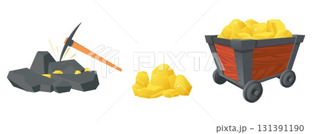 Gold mining using golden ore. Miners metal pickaxe and railway trolley. Hammer for pit stone digging. Natural resources. Isolated treasure heap. Vector industrial goldmine tools set 131391190