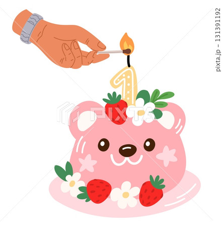 Hand lights candle on cake shaped like number one with match. Celebrating birthday. Anniversary dessert. Sweet food for holiday. Arm burning candlestick. Bear face pastry. Vector concept 131391192