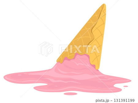Ice cream in waffle cup fell to ground or floor. Melted cold dessert. Broken cone. Spoiled food. Summer snack crash. Popsicle liquid spilled puddle. Strawberry taste. Vector concept Ice cream in waffle cup fell to ground or floor. Melted cold dessert. Broken cone. Spoiled food. Summer snack crash. Popsicle liquid spilled puddle. Strawberry taste. Vector concept 131391199
