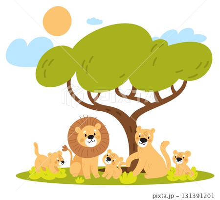 Lion, lioness, and their little cubs are relaxing under canopy of tree in savannah. Cute cartoon animals in nature. African safari panorama. Cartoon predator mammals. Vector concept 131391201