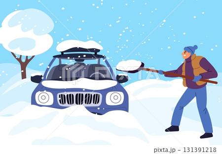 Man in winter clothes clears snow from his snow covered car with shovel. Winter season. Removed seasonal snowdrift. Snowy weather. Automobile cleaning. Vector cartoon isolated illustration 131391218