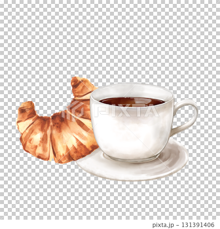 Hand-drawn illustration of fresh baked croissant next to white cup of hot coffee Hand-drawn illustration of fresh baked croissant next to white cup of hot coffee 131391406