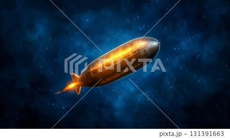 Metallic Airship Flying Through Starry Space with Fiery Tail and Cosmic Background Metallic Airship Flying Through Starry Space with Fiery Tail and Cosmic Background 131391663