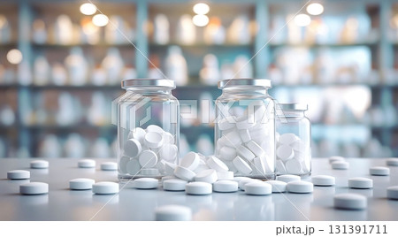 Bottles with medicines and pills on the table in a medical office. Bottles with medicines and pills on the table in a medical office. 131391711