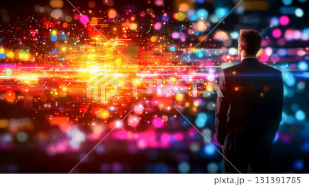 Businessman Contemplating Future with Colorful Digital Lights in Abstract Background 131391785