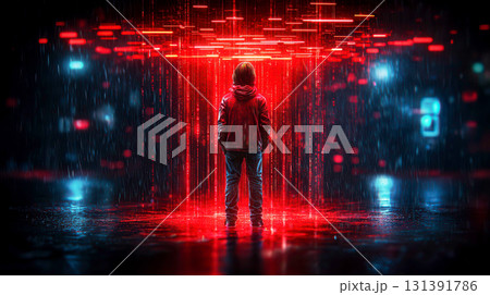 Young Person in Red Jacket Standing Under Red Light Rain in Futuristic Digital Environment 131391786