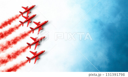 Four Red Airplanes Flying in a Bright Blue Sky with Vapor Trails Creating Beautiful Art 131391798