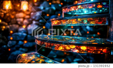 Sparkling Spiral Staircase with Colorful Gems and Twinkling Lights in a Cozy Space 131391932