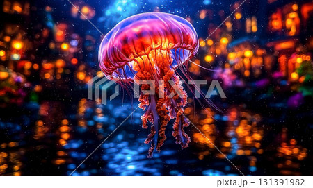 Colorful Jellyfish Floating in a Vibrant Underwater Scene with Illuminated Background 131391982