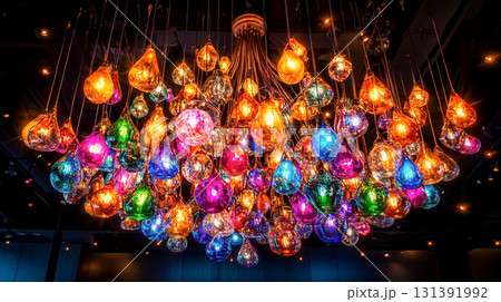Colorful Glass Pendants Illuminate Modern Chandelier in a Contemporary Setting 131391992