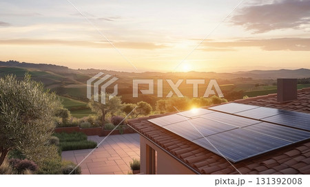 3D rendering of a modern cozy house with solar panels on the roof, against the backdrop of a beautiful landscape, for sale or rent. 131392008