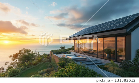 3D rendering of a modern cozy house with solar panels on the roof, against the backdrop of a beautiful landscape, for sale or rent. 131392012