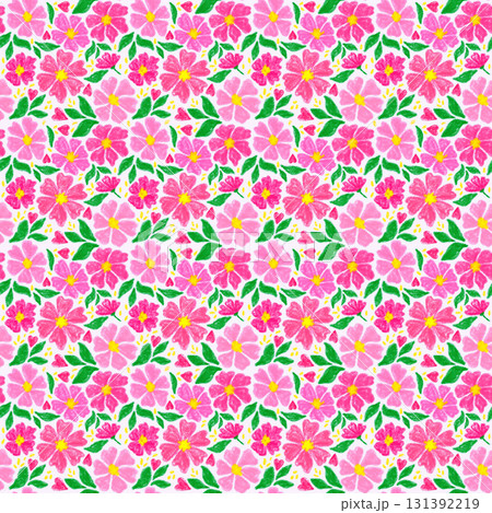 Seamless floral pattern with pink flowers and green leaves. Hand drawn chalk style illustration with bright spring, summer mood. Suitable for textiles, childrens fabric, covers and decorative design. 131392219